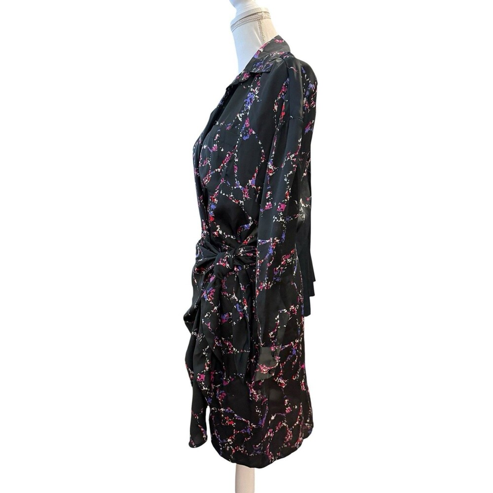 Elan Black Abstract Print Satin Wrap Shirt Dress Medium Y2K Cocktail Party - Picture 3 of 8